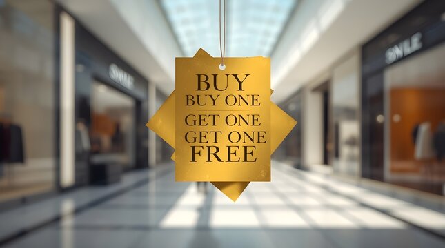 Yellow discount label with buy one get one free text hanging against a bright out of focus boutique store corridor