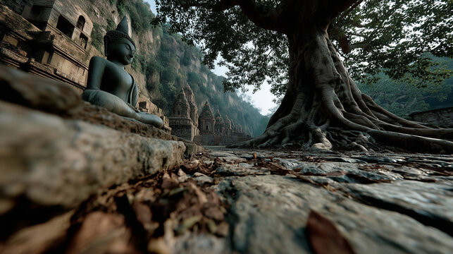 Sacred Buddha beneath a colossal ancient Bodhi tree, radiant roots glowing beneath the earth and extending across the landscape, cosmic enlightenment concept, heavenly golden aura, mystical mist, cele