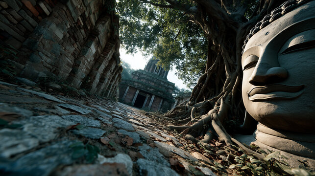 Sacred Buddha beneath a colossal ancient Bodhi tree, radiant roots glowing beneath the earth and extending across the landscape, cosmic enlightenment concept, heavenly golden aura, mystical mist, cele