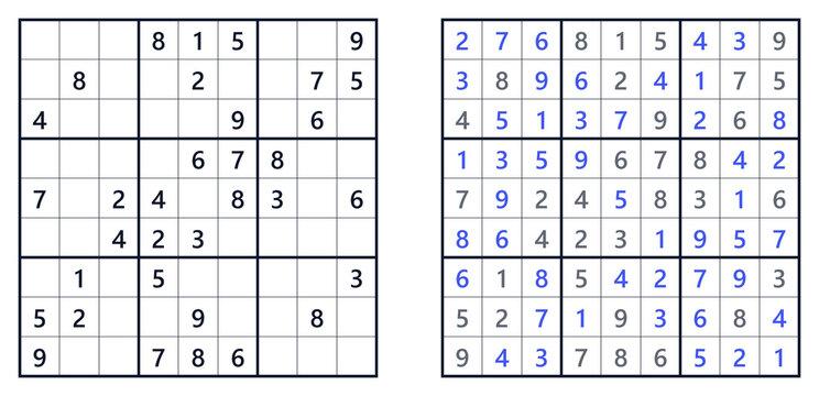 Sudoku puzzle and completed solution with numbers highlighted  