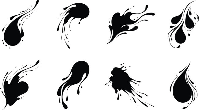 Liquid ink splashes and abstract paint drips black silhouette set