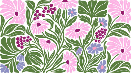 Decorative Botanical Floral Pattern Featuring Pink Daisies and Purple Berries in Folk Art Illustration Style © Pronob Kumar Ray