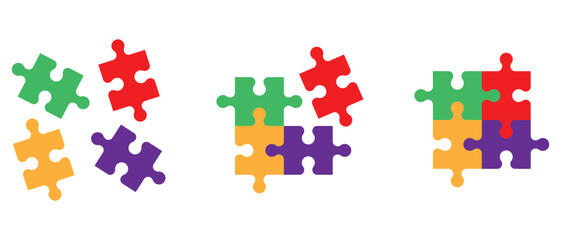 Naklejka premium Colorful puzzle pieces vector. Puzzle pieces and completed square grid pattern solution. Problem solving game. Vector illustration.