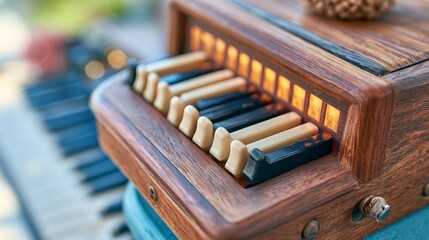 Naklejka premium Vintage Hammond Organ Drawbar Panel with Ivory Keys and Natural Wood Finish