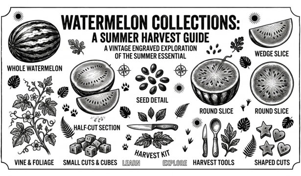 Watermelon Vector Sketch Set &ndash; Whole, Half and Sliced Watermelon in Vintage Charcoal Ink Style