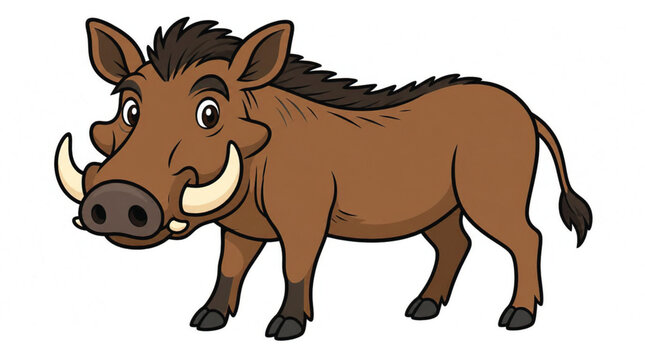 Cartoon warthog with big tusks standing.