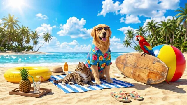 Golden retriever dog wearing sunglasses and hawaiian shirt sits on beach towel next to tabby cat in matching outfit. Pet summer vacation fun and relaxation concept