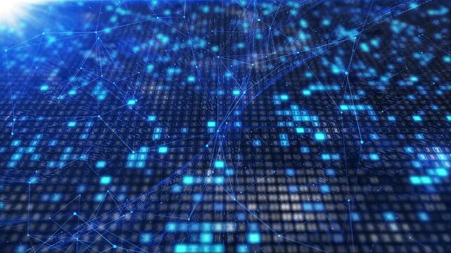 Abstract Blue Digital Waveform Flowing Data Network Background.