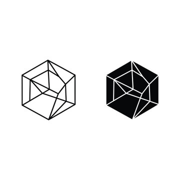 Geometric wireframe cube with internal lines and shapes, black and white illustration
