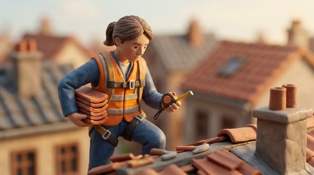 Miniature Female Roofer Figurine Wearing Safety Vest Measuring Terracotta Tiles On Model House Roofs