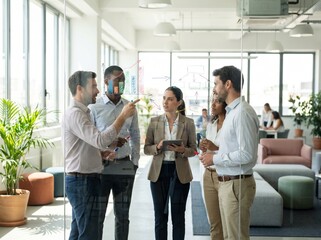 Obraz premium Diverse business team collaborates and plans on glass wall with charts
