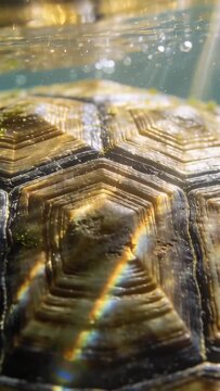 Vertical video: Glowing turtle carapace showing shifting sun glints and rising bubbles in aquarium