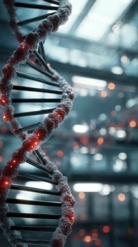 Closeup view of a DNA double helix structure with glowing particles, representing genetic science and biotechnology innovation. Futuristic laboratory background enhances the scientific atmosphere