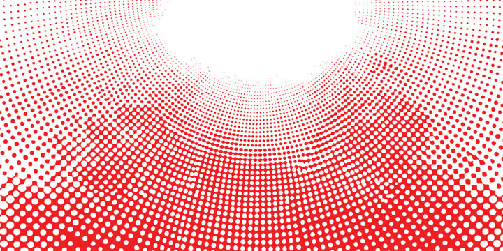 Abstract red and white halftone dot pattern background with dynamic radial perspective vector illustration.