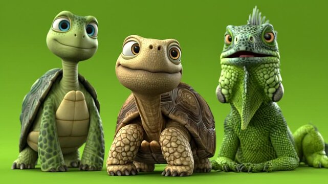 turtles, tortoises and iguanas facing the camera on a green background and 3d model