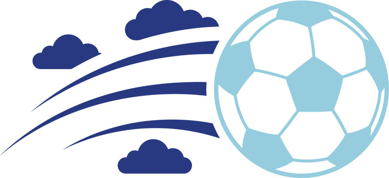 Soccer ball flying through the air with clouds