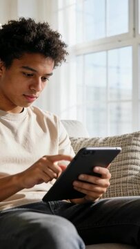 Vertical video: Adjusting grip, man tapping and swiping tablet on sofa at home checking email