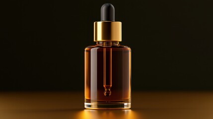 Naklejka premium Glass dropper bottle with serum on a dark golden background