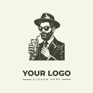 Vintage style illustration of a stylish man wearing a hat and sunglasses holding a cocktail drink.