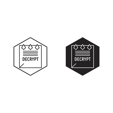 Hexagonal icon with the word decrypt and a paper with three holes punched in it, hexagonal