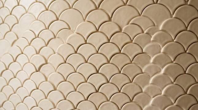 Elegant beige ceramic tiles arranged in a beautiful repeating scalloped fish scale pattern create a sophisticated textured surface perfect for modern interior design wall decoration projects