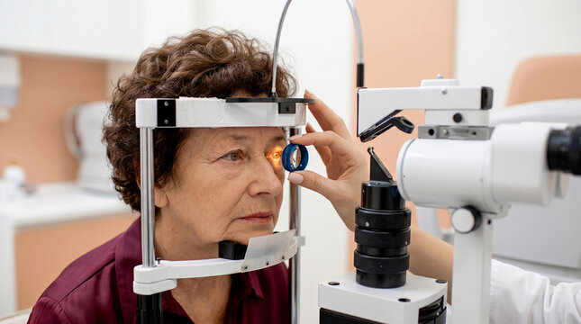 Senior female patient undergoing fundus examination with diagnostic lens and ophthalmic equipment at clinic vision checkup