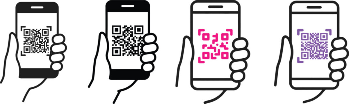 Hand holding smartphone with qr code four style variations
