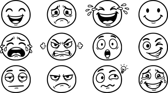 Funny cartoon faces. Face expressions, happy and sad mood. Laughing to tears face, smiling mouth and crying eyes. Doodle different moods vector illustration set. Positive and negative human feelings