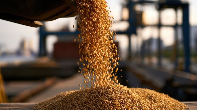 Raw wheat grains pouring onto a pile in an industrial agricultural setting
