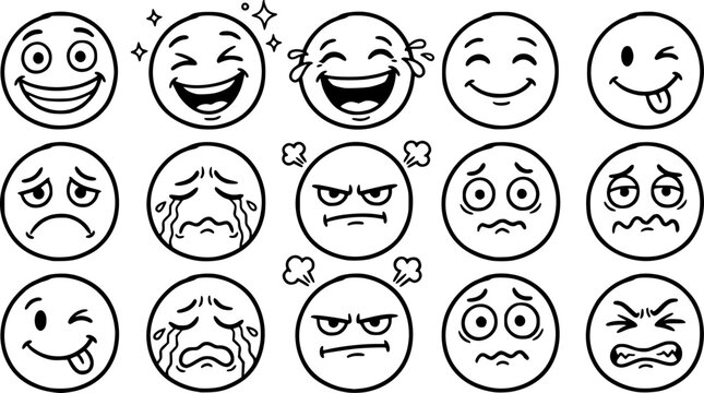 Funny cartoon faces. Face expressions, happy and sad mood. Laughing to tears face, smiling mouth and crying eyes. Doodle different moods vector illustration set. Positive and negative human feelings