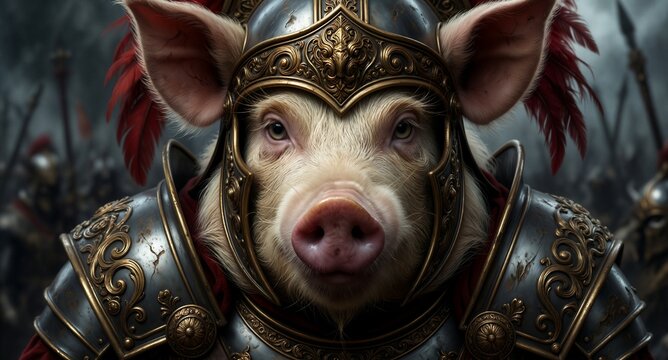Majestic Pig Warrior Knight in Intricate Medieval Armor Portrait