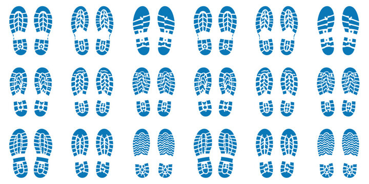 Collection of footwear trace shape rough industrial look, as path symbol.