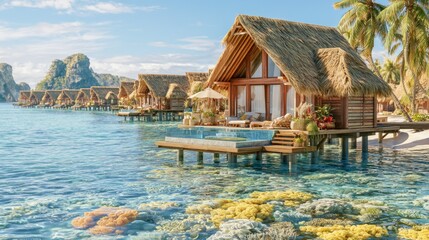 Fototapeta premium Stunning Overwater Luxury Resort in the Maldives at Low Tide with Glass Floor