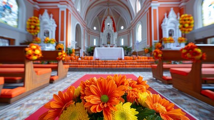 Vibrant Floral Decorations in Traditional Catholic Church for All Souls Day