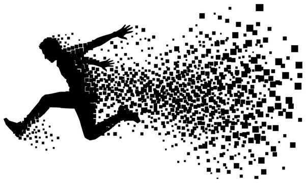 Digital disintegration silhouette of a running man breaking into pixels