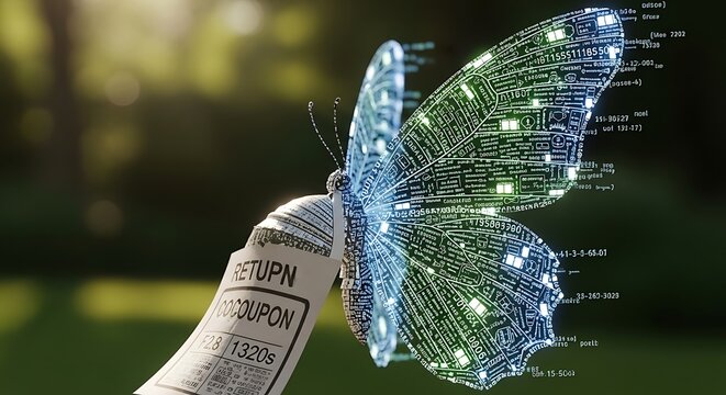 Digital data butterfly emerging from a paper cocoon in a natural forest