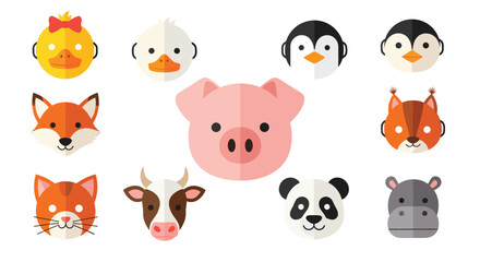 Obraz premium Diverse collection of colorful flat design animal head icons including a pig cow fox panda cat penguin duck and squirrel for various uses.