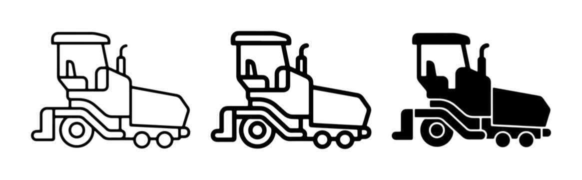 Asphalt Paver Machine Icons, Construction Equipment Vector Set, Road Building Machinery Graphics