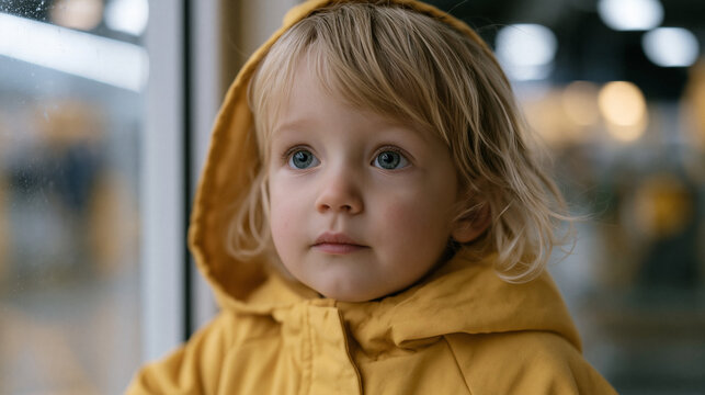 Child peering wide-eyed through glass door of dark store fulfillment center as parent shops groceries at 11pm, automated shelving robots visible inside, fluorescent aisles empty