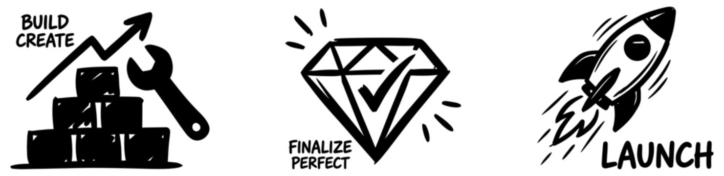 Startup process icons build refine and launch hand drawn style
