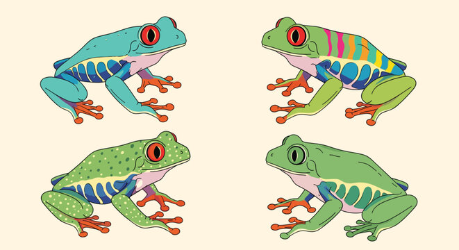 Four different colorful red-eyed tree frogs are depicted in various patterns and shades of green and blue on a light beige background.