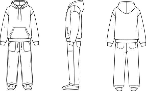 Fashion technical sketch of unisex hoodie and sweatpants tracksuit set vector template featuring front side back views