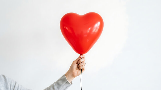 Close-up of a hand holding a red heart-shaped balloon against a plain white background illustrating themes of love affection and