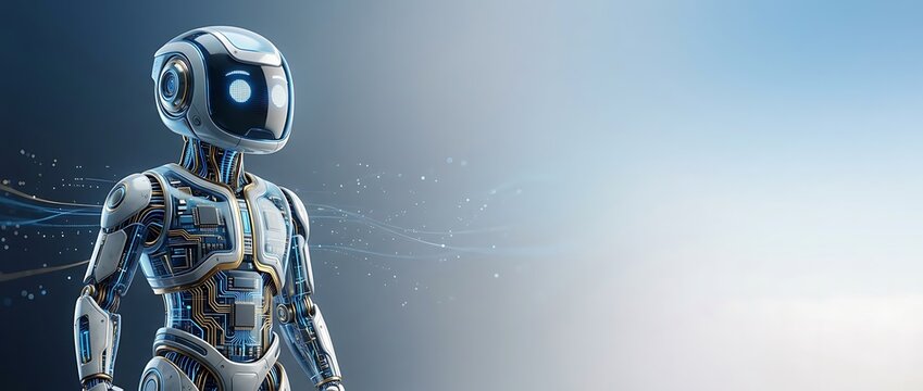 A futuristic robot stands alone in a digital environment with technology and industry elements.