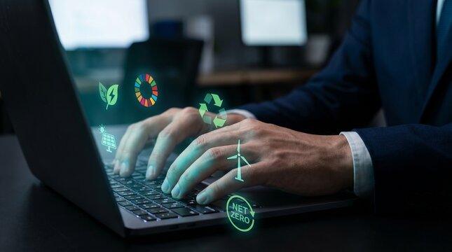 Corporate Sustainability and ESG Reporting Concept With Professional Using Laptop Surrounded by Holographic Green Energy, Recycling, SDG and Clean Technology Symbols 