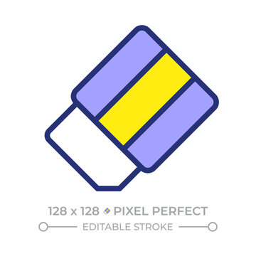 Eraser pixel perfect line color icon. Pencil marks removing tool. School and office essentials. Rubber supply. Isolated vector illustration. Flat colorful symbol design. Editable stroke