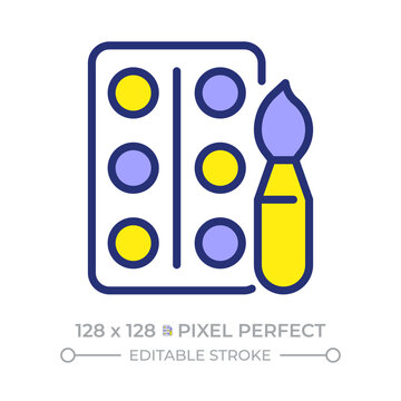 Watercolor paints pixel perfect line color icon. Shades palette with brush. School and office essentials. Isolated vector illustration. Flat colorful symbol design. Editable stroke