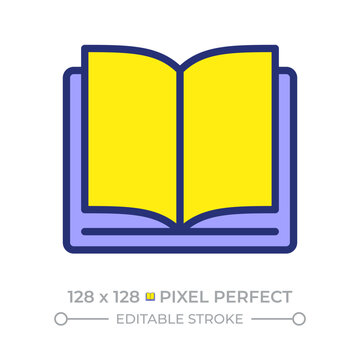 Open book pixel perfect line color icon. Reading educational literature. Library stuff. School and office essentials. Isolated vector illustration. Flat colorful symbol design. Editable stroke