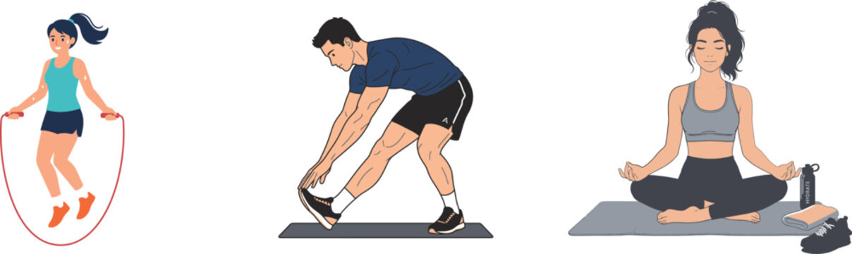 People exercising set with woman jumping rope man stretching and woman doing yoga on a mat