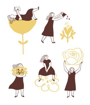 Girl cartoon characters with flowers